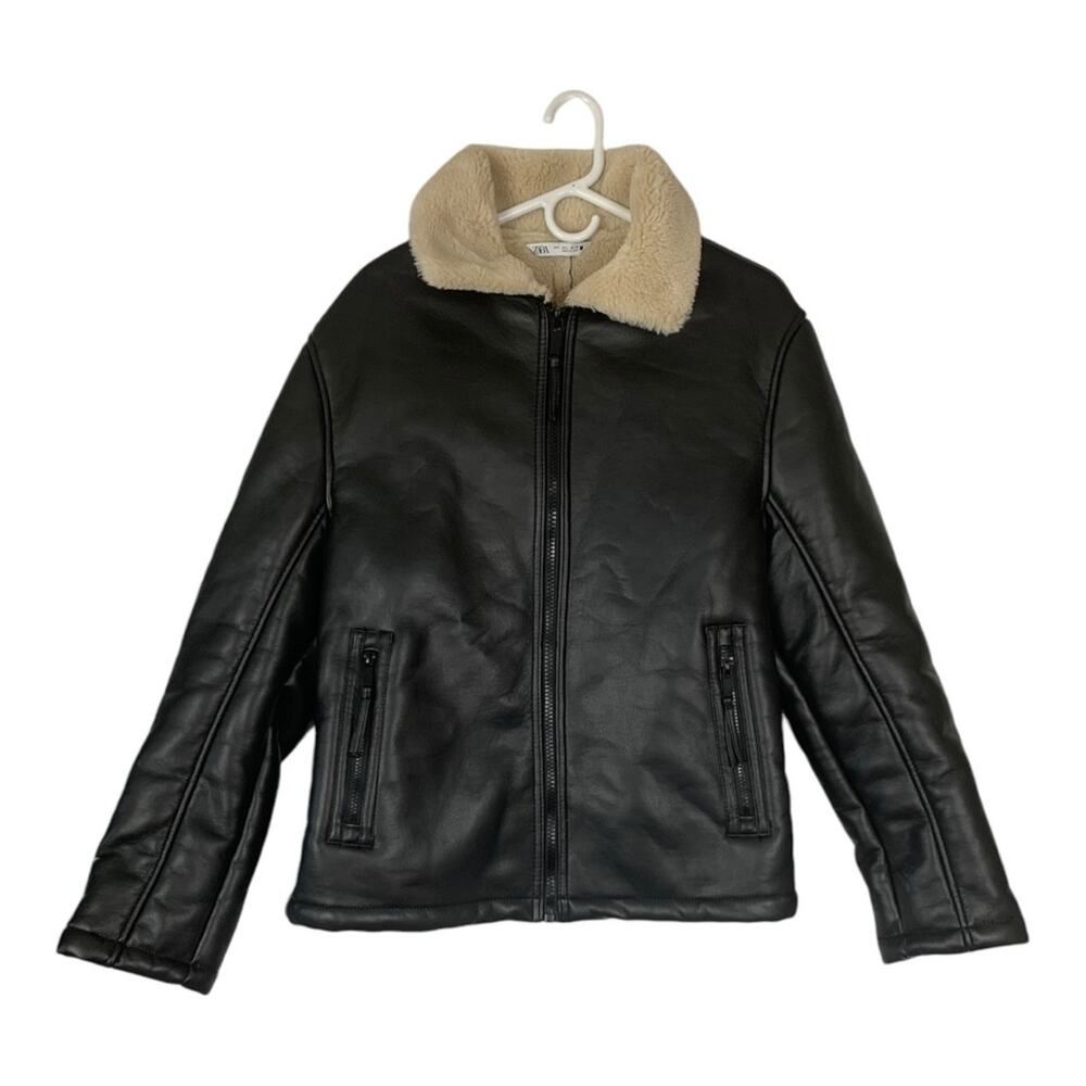 Zara womens large faux leather faux sheapling jacket pleather coat cold